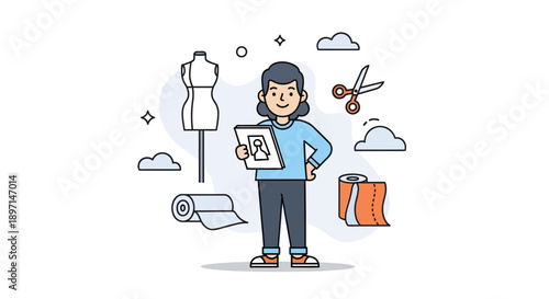 Creative fashion designer planning new clothing collection with sketches and fabric samples illustrated style