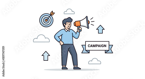 Illustration of a confident man using a megaphone to promote a marketing campaign emphasizing goal achievement and audience