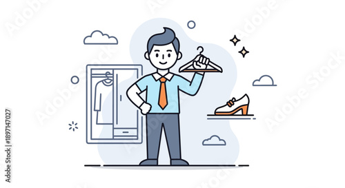 Minimalist Illustration of a Young Man Choosing Elegant Shoes and Clothing with a Wardrobe in Background