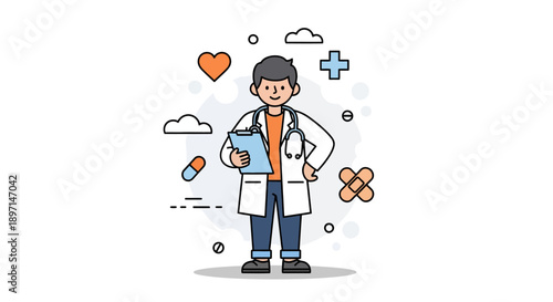 Illustration of a friendly healthcare professional with medical symbols and icons highlighting health and wellness themes