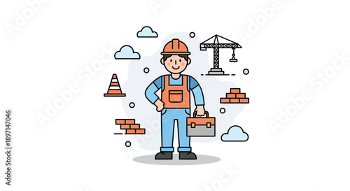Illustration of a confident construction worker with safety gear amidst a building site with cranes and bricks