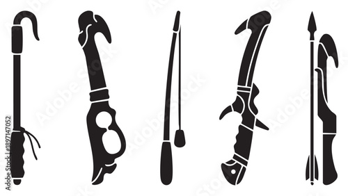 Set of black and white silhouette icons depicting various types of bombs and aerial ordnance on a white background