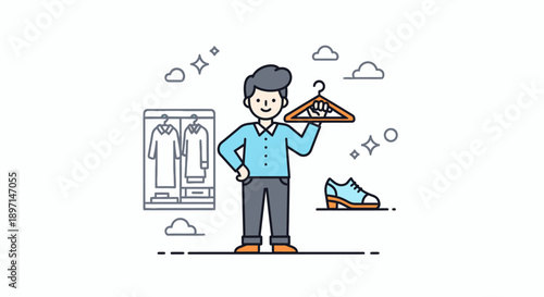Businessman Choosing Outfit with Closet and Shoe Selection for Wardrobe Planning and Personal Style Expression