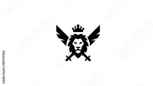 Regal Lion Head with Crown, Wings, and Crossed Swords Emblem Design
