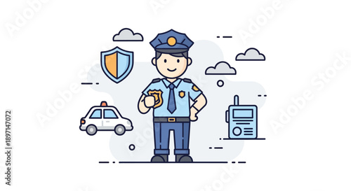 Illustration of a friendly police officer holding a badge with police car and shield icons representing law enforcement and
