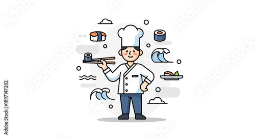Cartoon Chef Character with Culinary Tools and Ocean Waves for Creative Food Art Illustration