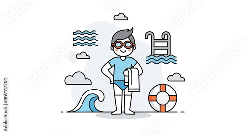 Playful Illustration of a Child Enjoying a Summer Day at the Pool Side with Waves and Floaties in a Minimalist Style