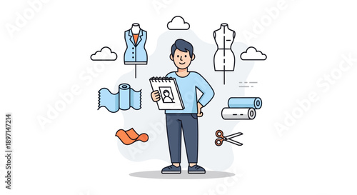 Fashion designer managing clothing sketches, fabric textures, and sewing tools in a creative workspace emphasizing fashion