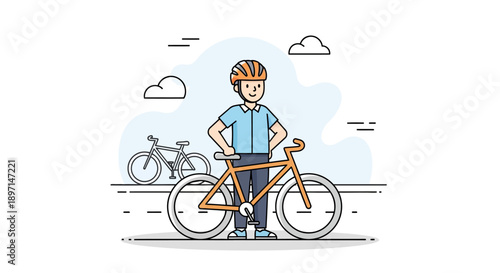 Young cyclist preparing for a ride on a scenic outdoor bike path during daytime