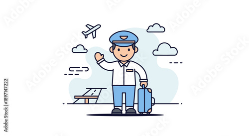 Friendly cartoon pilot standing at the airport with luggage preparing for takeoff illustrated in a simple style
