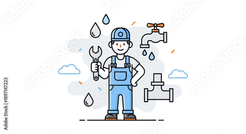 Child Plumber Character Engaged in Fixing Water Pipes with Tools in a Cartoon Style Illustration for Children