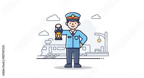 Charming cartoon-style harbor officer holding a lantern at a bustling port scene under a partly cloudy sky capturing maritime