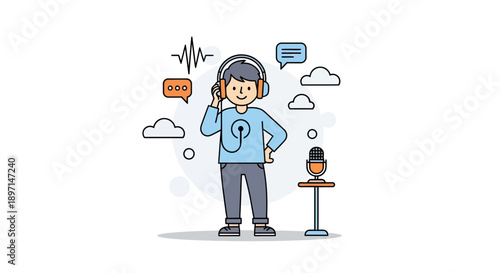 Illustration of a cheerful customer service representative using headphones for communication with speech bubbles and microphone