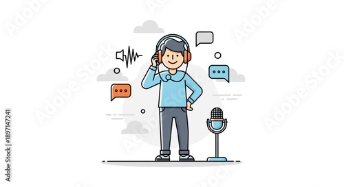 Charismatic young radio host or podcaster with headset engaging in broadcasting or recording session in modern studio environment