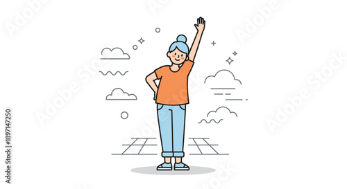 Minimalistic Illustration of a Cheerful Elderly Woman Raising Hand Outdoors