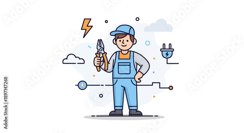 Illustration of a young electrician holding pliers with electrical symbols and infrastructure elements in a minimalistic cartoon