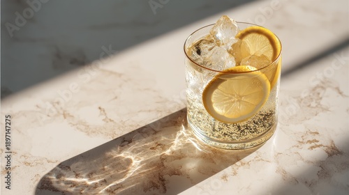 Refreshing glass of sparkling beverage with ice and lemon slices on a marble countertop, illuminated by natural light, creating beautiful shadows
