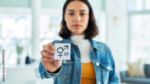 A woman holds a sign depicting gender equality symbols, emphasizing the importance of equal rights and representation in society.