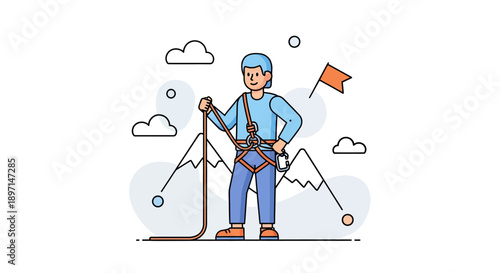 Illustration of a confident male climber preparing for mountain ascent with safety gear and scenic background emphasizing