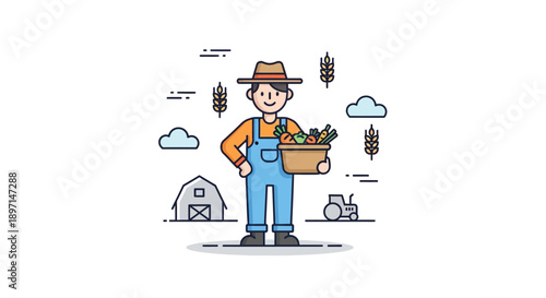 Illustration of a cheerful farmer holding a basket of freshly harvested vegetables in a sunny rural farm setting