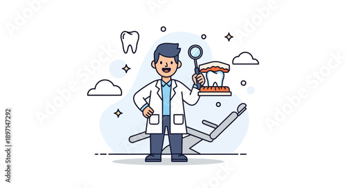 Dentist Man Examining Dental X-ray with Tooth and Dental Tools in Clinic