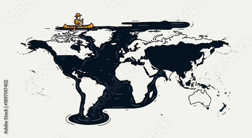 World map with oil spill and boat.