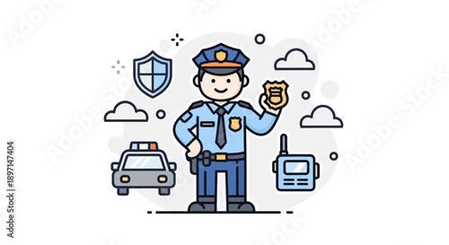 Illustration of a friendly police officer maintaining law enforcement duties in a modern digital environment emphasizing