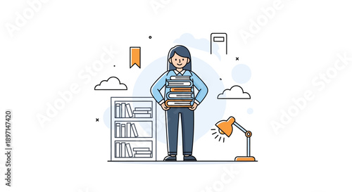Young woman standing in a tidy library holding a large stack of books with a bright and organized study environment