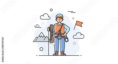 Illustration of a confident mountain climber holding a rope with scenic background