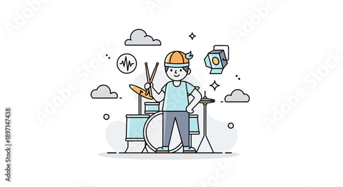 Adorable cartoon child facing medical drum set surrounded by clouds and icons of health and music representing playful learning