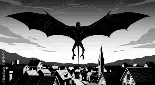 A menacing winged creature with bat-like features hovers ominously over a small, quiet town, depicted in a stark black and white illustration.