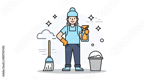 Efficient and cheerful cleaning person with tools and cleaning supplies ready to tidy a space