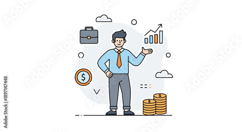 Businessman Analyzing Financial Growth and Investment Opportunities in a Minimalistic Style with Charts and Currency Symbols