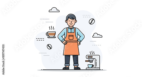 Casual male barista with apron standing near coffee machine in modern cafe setting