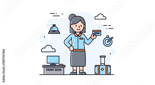 Airport Check-In Process Illustration Featuring a Smiling Female Staff Member with Luggage and Technology
