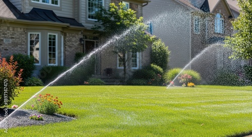 Watering lawn in suburbia Sprinklers spray water, maintaining yard in front of house. Homeownership, lawncare, summer, outdoor, daylight.