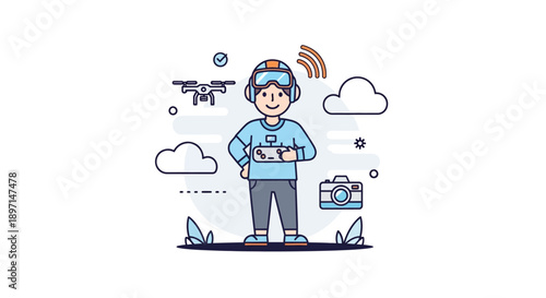 illustration of a young person controlling drone with remote control wearing VR headset and surrounded by flying gadgets in