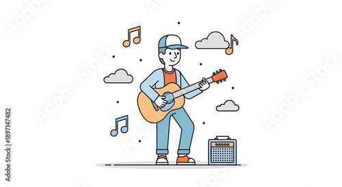 Young person playing acoustic guitar with clouds and musical notes indicating outdoor musical activity and creative expression
