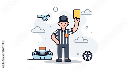 Referee Celebrating a Goal During a Soccer Match with a Bright Yellow Card and Sports Equipment Surrounding Him