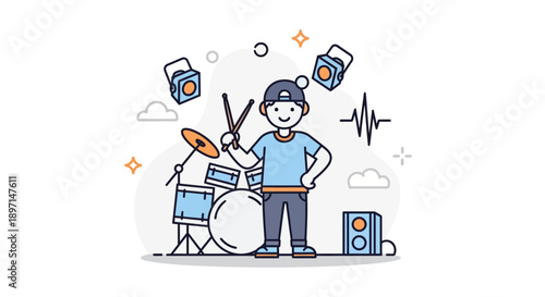 Young musician playing drums surrounded by audio equipment and musical notes in a modern digital illustration emphasizing rhythm
