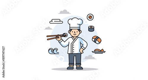 Cartoon Chef Preparing Sushi with Various Ingredients in a Playful Cooking Scene