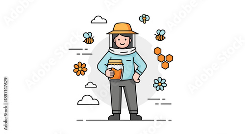 Illustration of a beekeeper holding a honey jar surrounded by bees flowers and hexagons in a minimalistic style emphasizing
