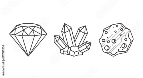 Line art illustration of a diamond, a cluster of crystals, and an asteroid, representing precious stones and space rocks.