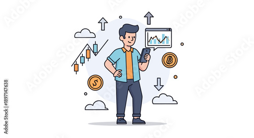 Digital trader analyzing cryptocurrency market trends on a smartphone with financial graphics and icons