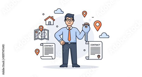 Professional businessman holding key with digital contract and location icons representing real estate and property management