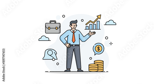Businessman Presenting Financial Growth and Investment Success in a Modern Digital Infographic