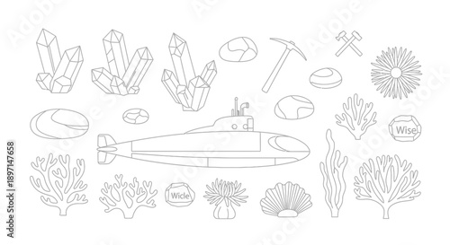 A detailed outline drawing of a submarine, various crystals, rocks, mining tools, and diverse marine flora like coral and seaweed.
