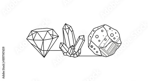 Line art illustration of a faceted diamond, crystal cluster, and a rough rock or asteroid.