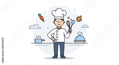 Creative chef with a playful cartoon style wearing a chef's hat and apron surrounded by fresh ingredients and cooking utensils