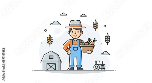 Cartoon Farmer Holding Harvest Basket Featuring Vegetables in a Rustic Farm Setting with Barn and Tractor Background